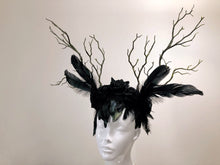 Load image into Gallery viewer, FEATHER HEAD PIECE - Horns Head Dress - Halloween Headwear - Crow Feather headdress - Black Rose Headpiece - Nymph Headdress