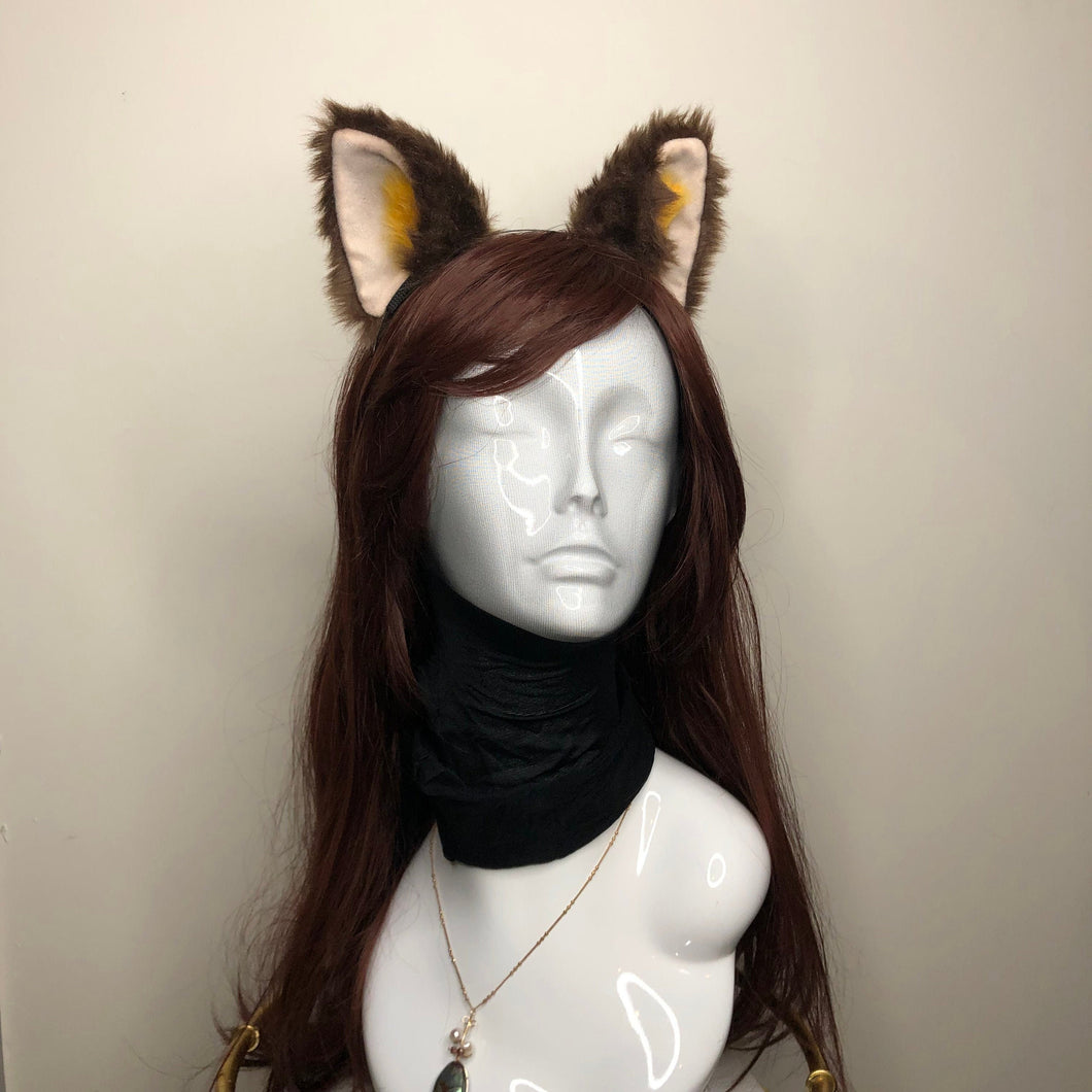 Cat ears Kitty Cosplay Headwear Brown Furry Yellow Fur Inside Animal Headband Costume