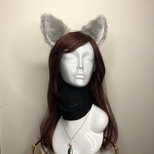 Load image into Gallery viewer, Big Cat ears Kitty Cosplay Headwear Light Gray Furry White Inside Animal Headband Costume