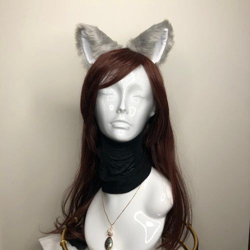 Cat ears Kitty Cosplay Headwear Light Gray Furry White inside Animal Headband Costume