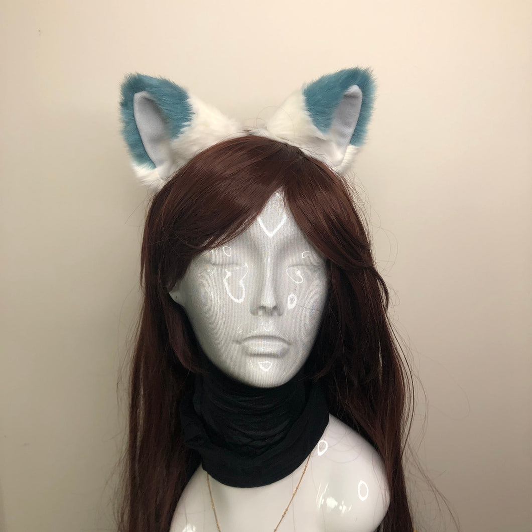 Big Cat ears Kitty Headwear White Furry Indigo on Top White Fur inside Animal Headband Costume