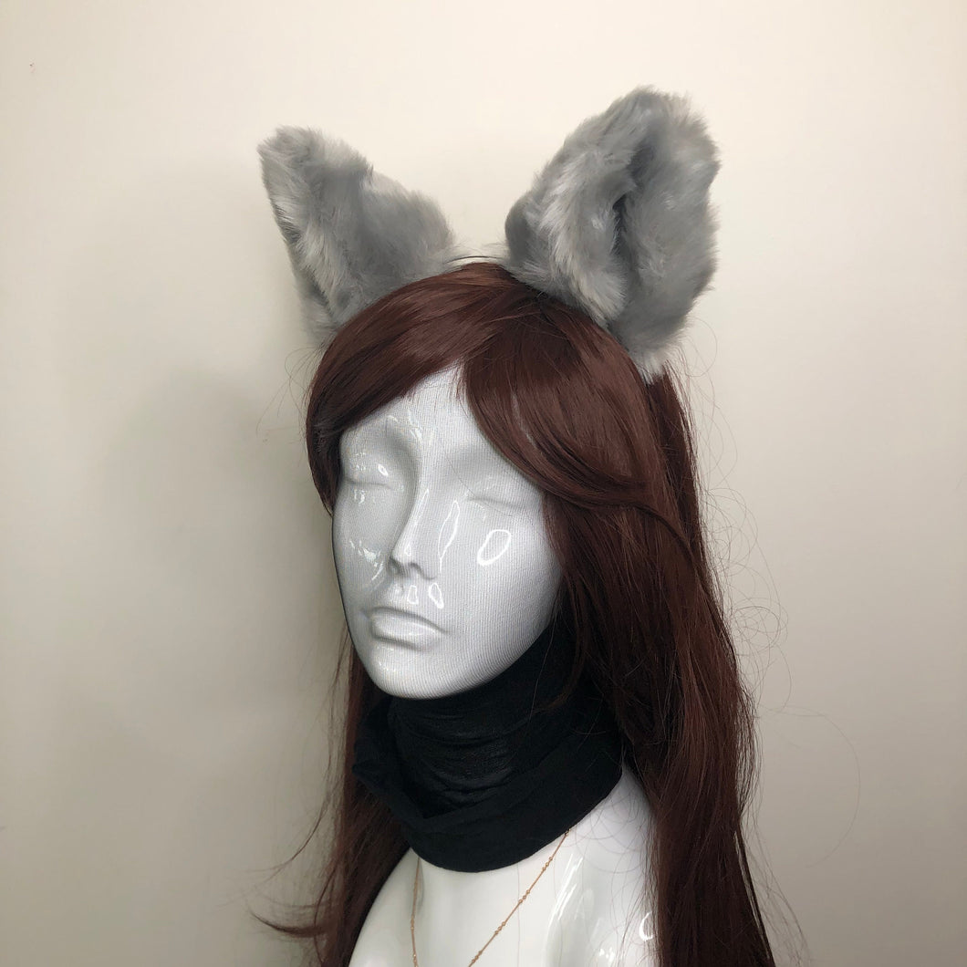 Big Cat ears Kitty Fox Headwear Gray Soft Furry Thick Grey Fur inside Animal Headband Costume Bow Bells【NALUMI】