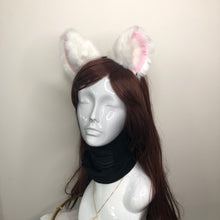 Load image into Gallery viewer, Cat ears Kitty Headwear White Furry Pink White Fur inside Animal Headband Costume Bow Bells