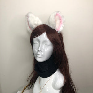 Cat ears Kitty Headwear White Furry Pink White Fur inside Animal Headband Costume Bow Bells