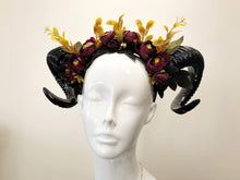 Load image into Gallery viewer, Black Horns Ram Flowers Nymph Forest Goat Headdress Sheep Red Yellow