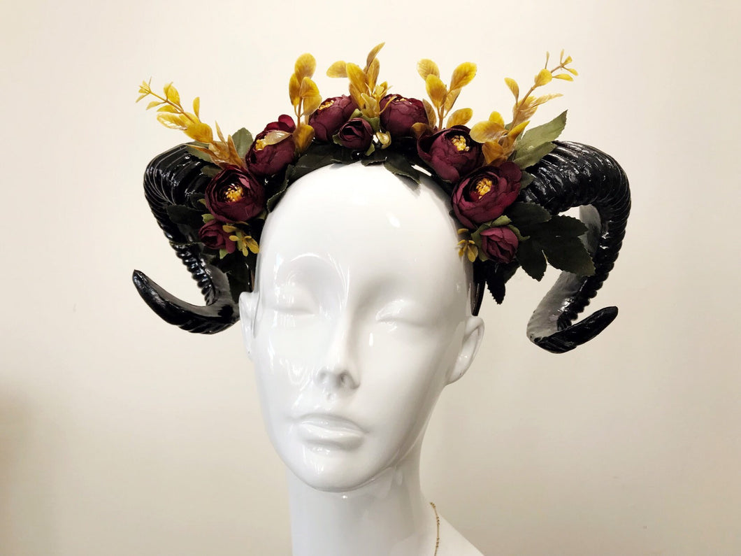 Black Horns Ram Flowers Nymph Forest Goat Headdress Sheep Red Yellow