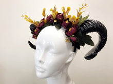 Load image into Gallery viewer, Black Horns Ram Flowers Nymph Forest Goat Headdress Sheep Red Yellow