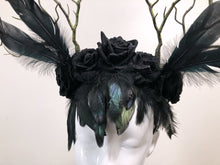 Load image into Gallery viewer, FEATHER HEAD PIECE - Horns Head Dress - Halloween Headwear - Crow Feather headdress - Black Rose Headpiece - Nymph Headdress