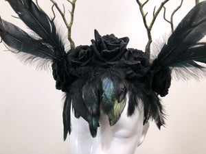 FEATHER HEAD PIECE - Horns Head Dress - Halloween Headwear - Crow Feather headdress - Black Rose Headpiece - Nymph Headdress