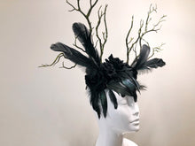 Load image into Gallery viewer, FEATHER HEAD PIECE - Horns Head Dress - Halloween Headwear - Crow Feather headdress - Black Rose Headpiece - Nymph Headdress