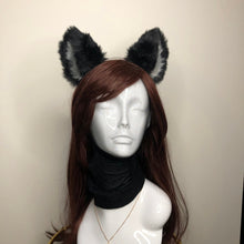 Load image into Gallery viewer, Big Cat ears Kitty Cosplay Headwear Black Gray Furry Gray Fur Inside Animal Headband Costume