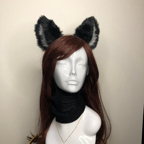 Big Cat ears Kitty Cosplay Headwear Black Gray Furry Gray Fur Inside Animal Headband Costume