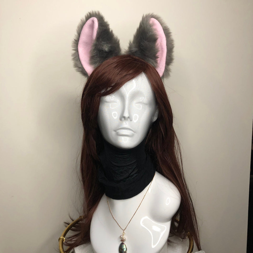 Big Cat ears Kitty Cosplay Headwear Gray Furry Pink Inside Animal Headband Costume