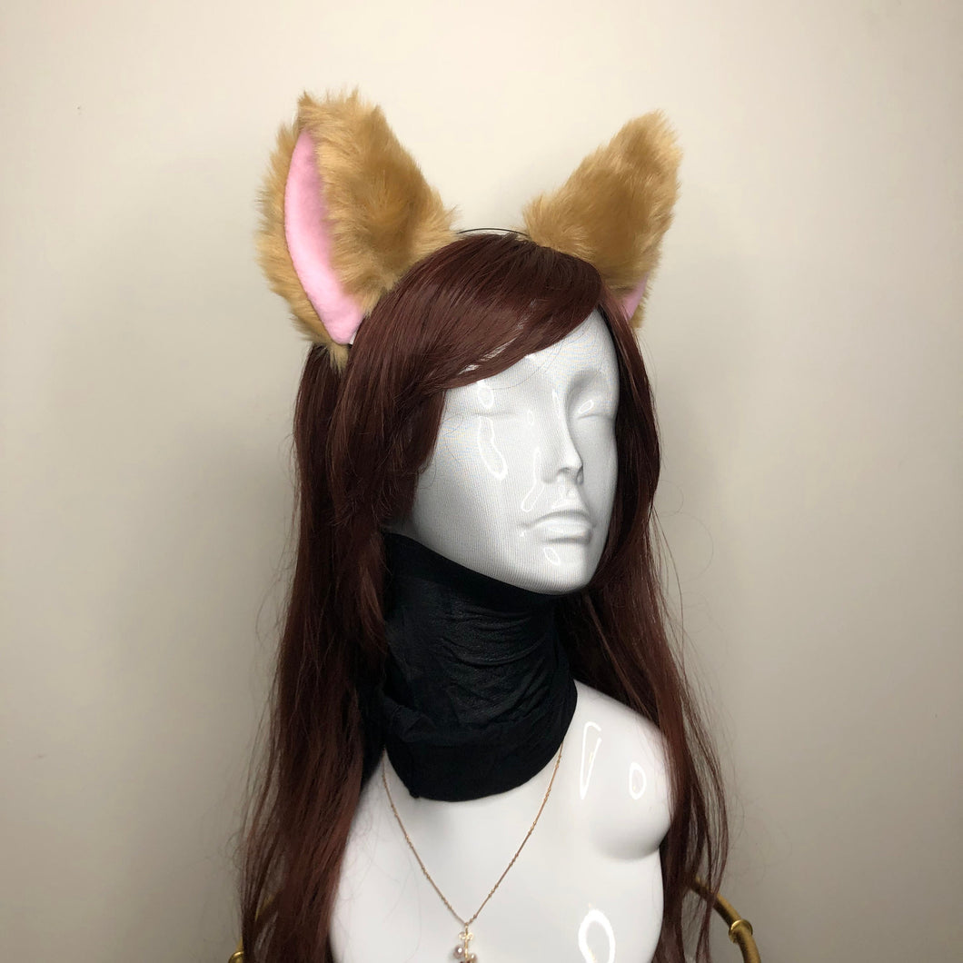 Big Cat ears Kitty Cosplay Headwear Light Brown Furry Pink Inside Animal Headband Costume