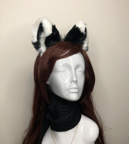 Big Cat Ears Kitty Cosplay Headwear Black White Furry White Fur Inside Animal Headband Costume