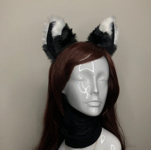 Big Cat Ears Kitty Cosplay Headwear Black White Furry Black Fur Inside Animal Headband Costume