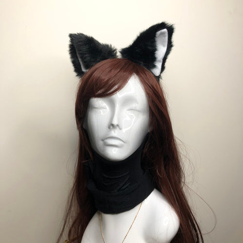 Big Cat ears Kitty Headwear Black and White Furry White Inside Animal Headband Costume