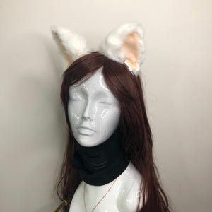 Cat ears Kitty Headwear White Furry Beige inside Animal Headband Costume Bow Bells