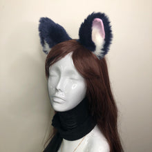 Load image into Gallery viewer, Big Cat ears Kitty Fox Headwear Dark Blue Furry Pink Soft White Fur inside Animal Headband Costume