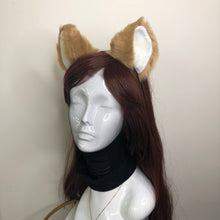 Load image into Gallery viewer, Big Cat ears Kitty Fox Headwear Light Brown Soft Furry White Soft Fur inside Animal Headband Costume