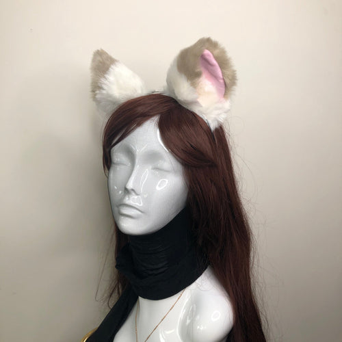 Big Cat ears Kitty Fox Headwear White Furry Light Brown Top Pink and Soft White Fur inside Animal Headband Costume