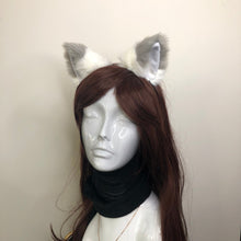 Load image into Gallery viewer, Big Cat ears Kitty Fox Headwear White Furry Gray Top Soft White Fur inside Animal Headband Costume