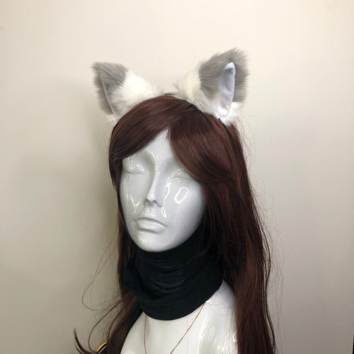 Big Cat ears Kitty Fox Headwear White Furry Gray Top Soft White Fur inside Animal Headband Costume