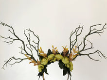 Load image into Gallery viewer, Black Branch Horn Demon Nymph Horn Headdress Antlers dark green peony flowers