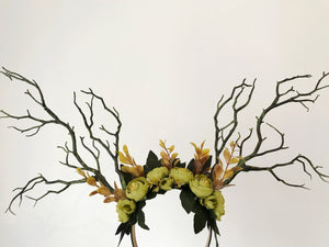 Black Branch Horn Demon Nymph Horn Headdress Antlers dark green peony flowers