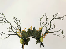 Load image into Gallery viewer, Black Branch Horn Demon Nymph Horn Headdress Antlers dark green peony flowers