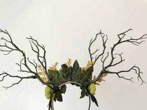 Black Branch Horn Demon Nymph Horn Headdress Antlers dark green peony flowers