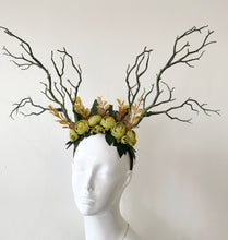 Load image into Gallery viewer, Black Branch Horn Demon Nymph Horn Headdress Antlers dark green peony flowers