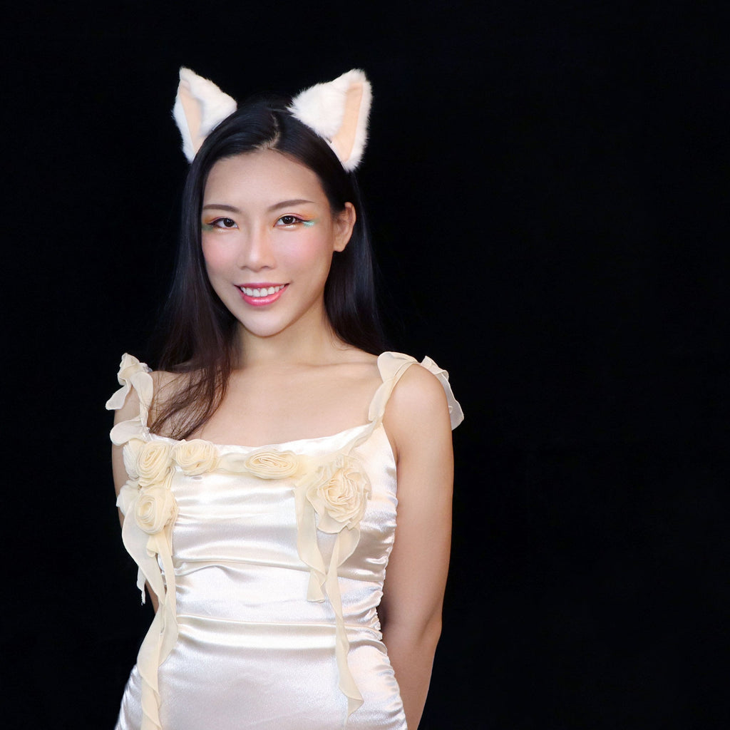 Cat ears Kitty Headwear White Furry Beige inside Animal Headband Costume Bow Bells