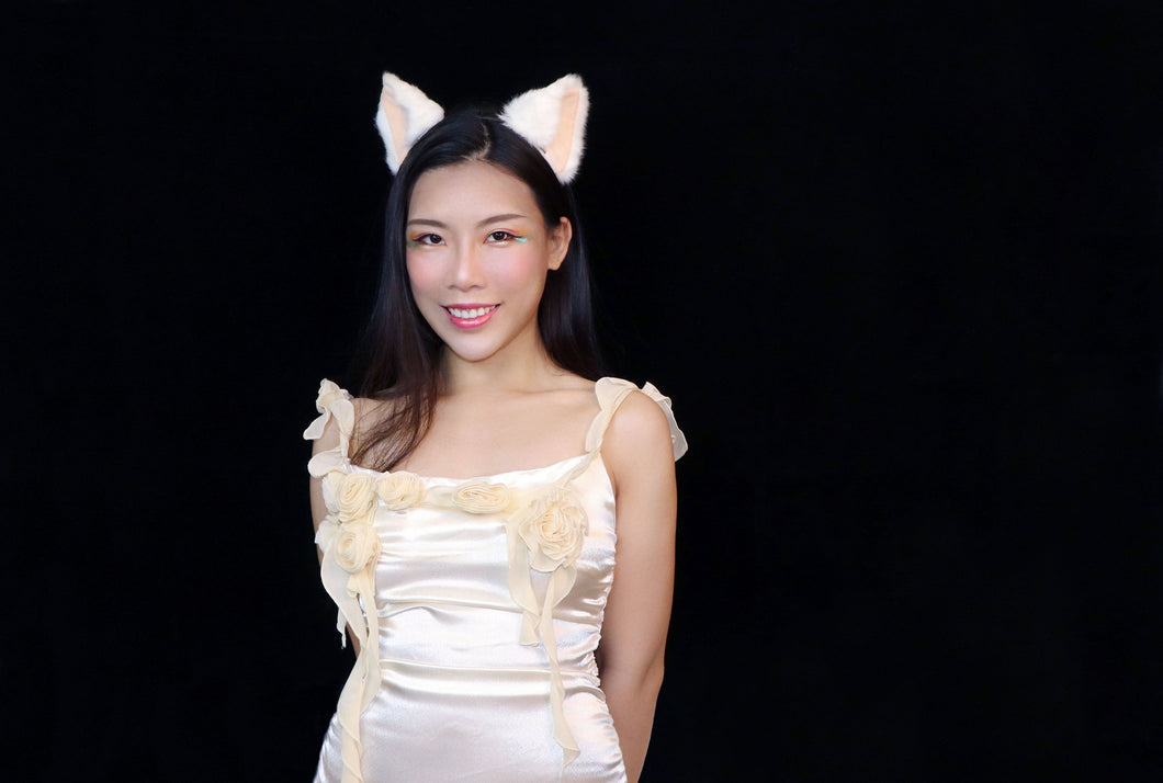 Cat ears Kitty Headwear White Furry Beige inside Animal Headband Costume Bow Bells