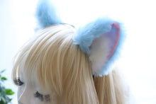 Load image into Gallery viewer, Big Cat ears Kitty Headwear Light Blue Sky Blue Pink White Fur inside Furry Animal Headband Costume Bow Bells