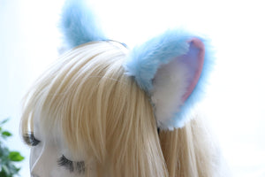 Big Cat ears Kitty Headwear Light Blue Sky Blue Pink White Fur inside Furry Animal Headband Costume Bow Bells