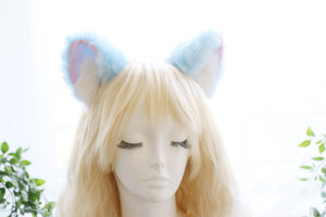 Big Cat ears Kitty Headwear Light Blue Sky Blue Pink White Fur inside Furry Animal Headband Costume Bow Bells