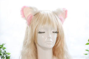 Cat ears Kitty Headwear White/Pink Furry Animal Headband Costume Bow Bells