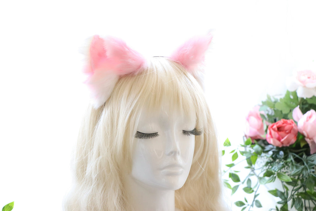 Pink Quilts White Cat Ear Headband Furry Animal Headdress Handmade Headpiece Cat Mom Gifts for her Cute Christmas