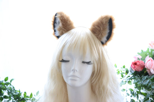 Big Cat ears Kitty Fox Headwear Light Brown Soft Furry Black Thick White Fur inside Animal Headband Costume