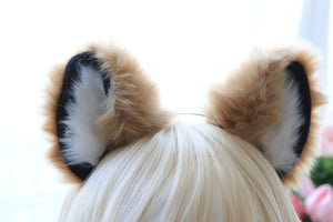 Big Cat ears Kitty Fox Headwear Light Brown Soft Furry Black Thick White Fur inside Animal Headband Costume