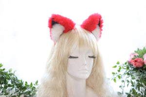 Big Cat Fox Ears Kitty Cosplay Headwear Red Furry White Fur Inside Animal Headband Costume