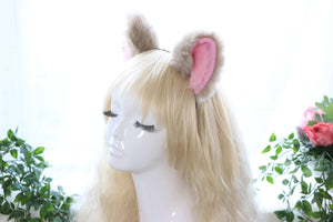 Big Cat ears Kitty Fox Headwear Light Brown Soft Furry Pink Soft Fur inside Animal Headband Costume