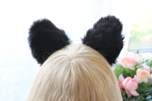 Big Cat ears Kitty Headwear Whole Black Thick Furry Black Fur Inside Animal Headband Costume Cosplay