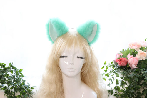 Big Cat ears Kitty Cosplay Headwear Tender Green Furry White Inside Animal Headband Costume