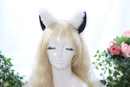 Big Cat ears Kitty Cosplay Headwear White Furry Black Inside Animal Headband Costume