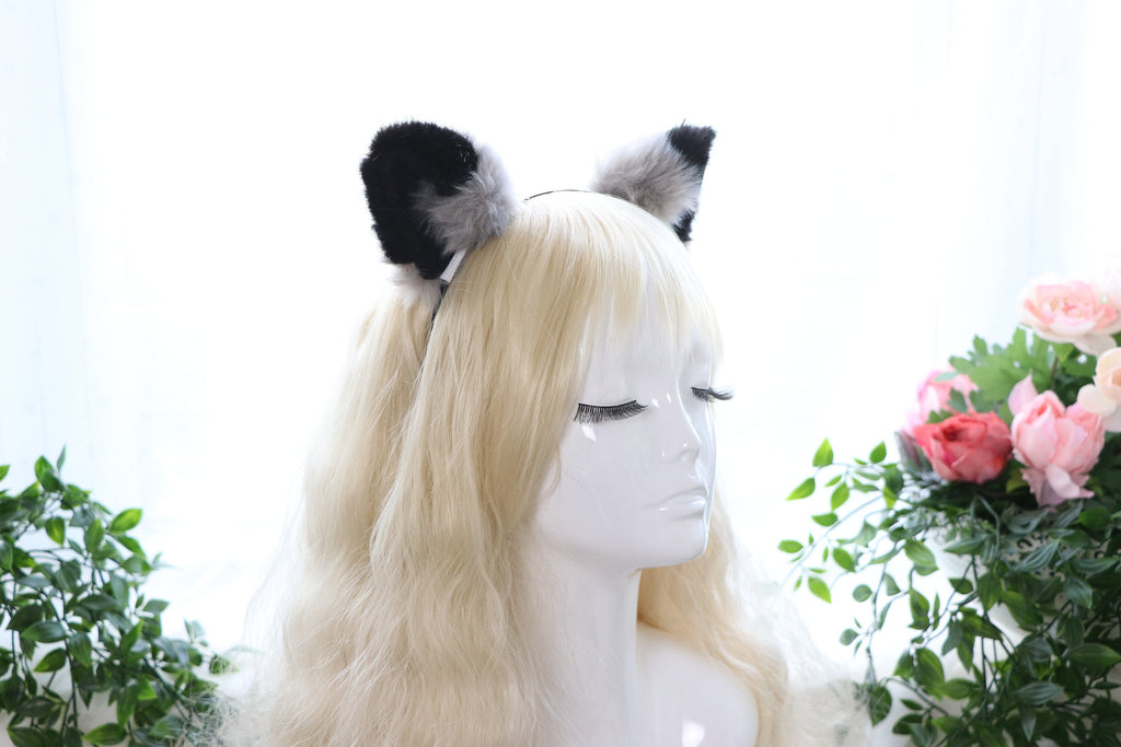 Big Cat ears Kitty Cosplay Headwear Gray Black Furry Animal Headband Costume Bell Bow