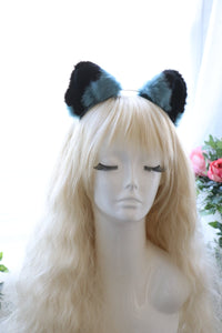 Cat ears Kitty Headwear Cyan-blue Furry Black Top Inside Animal Headband Costume Bow Bells