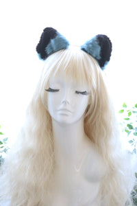 Cat ears Kitty Headwear Cyan-blue Furry Black Top Inside Animal Headband Costume Bow Bells