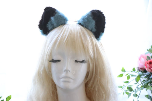 Cat ears Kitty Headwear Cyan-blue Furry Black Top Inside Animal Headband Costume Bow Bells